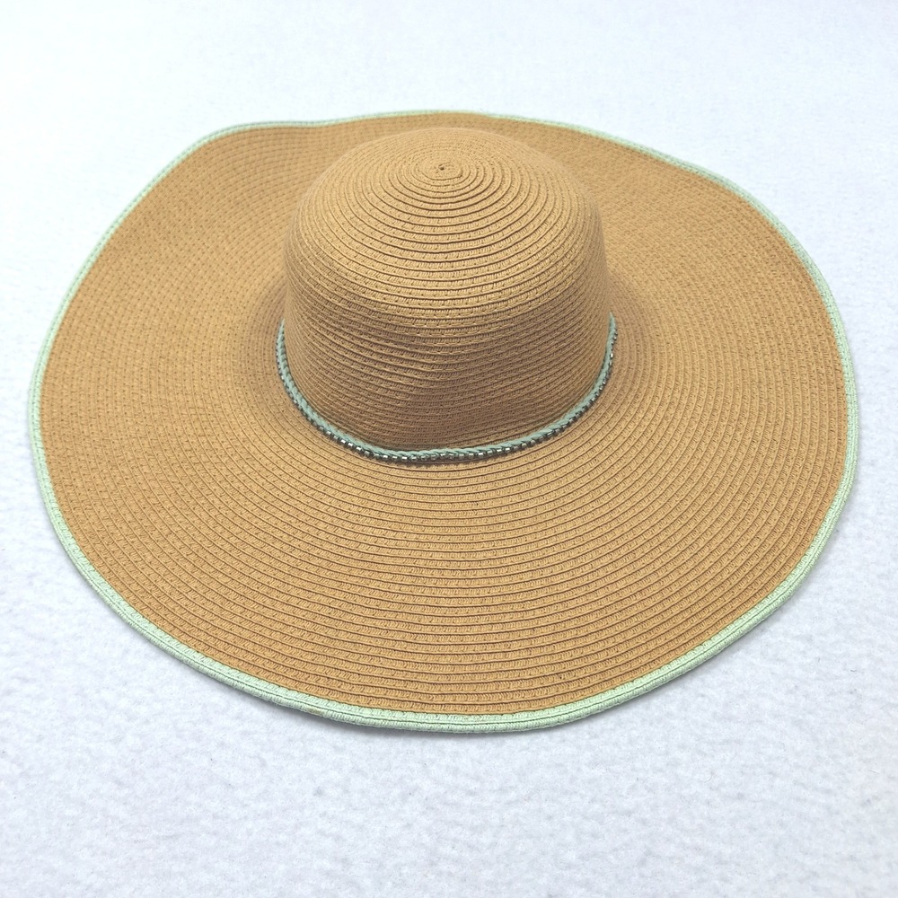 Icing Sun Hat Womens One Size Tan Rhinestone Floppy Wide Brim Straw Beach Boho